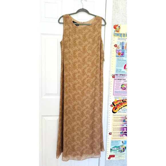 NWT Cynthia Howie Maggi Boutique Maxi Sheath Silk Dress Size 14 Tan Pink - Picture 1 of 12